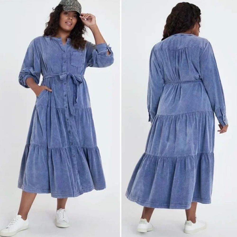 Anthropologie Pilcro Marta Blue Tiered Corduroy Midi  Dress | M